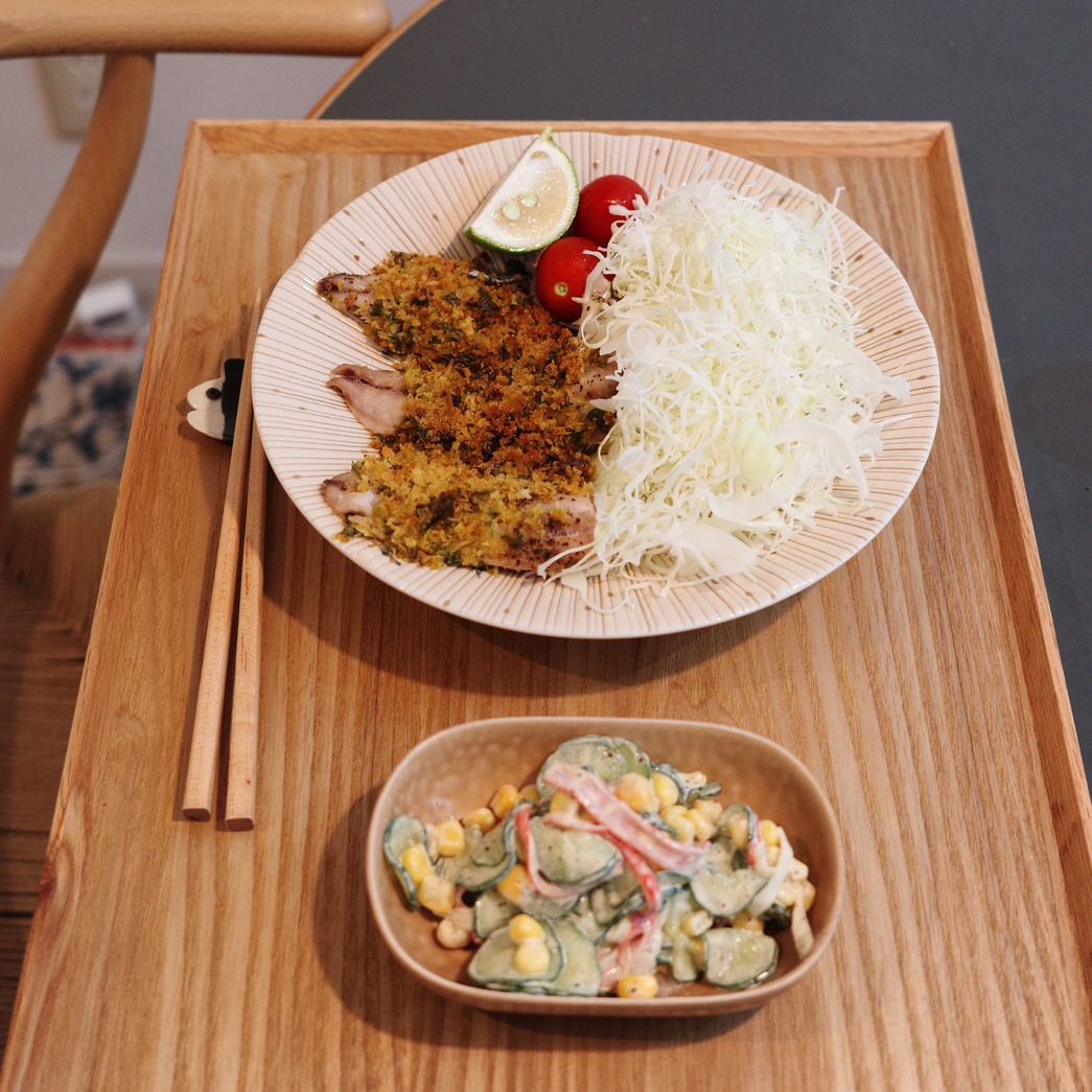いわしのカリカリパン粉焼き（アジで代用）、きゅうりとコーンのかにマヨサラダ（2024年10/11（金）放送）