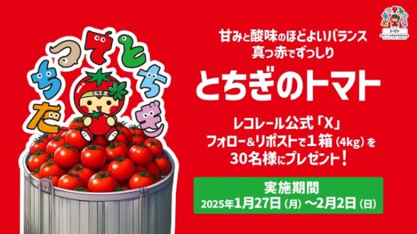 フォロー＆リポストしてくれた方の中から抽選で30名様に、栃木県産のおいしいトマト? をプレゼント！