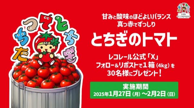 フォロー＆リポストしてくれた方の中から抽選で30名様に、栃木県産のおいしいトマト? をプレゼント！