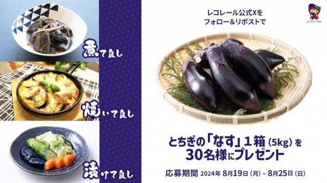 フォロー＆リポストしてくれた方の中から抽選で30名様に、栃木県産のおいしいなす?をプレゼント！